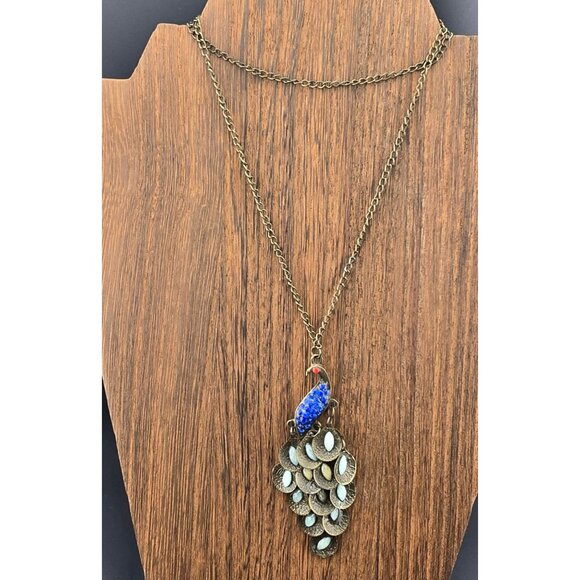 Peacock Pendant Necklace With Bronze Chain & Blue Rhinestones 24" - Picture 2 of 7